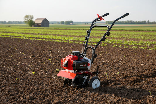 Red and black tiller on a white background