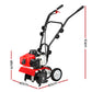 Red and black tiller with dimensions indicated on a white background