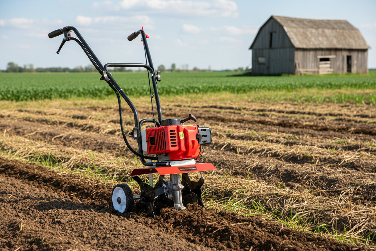 Red and black tiller on a white background