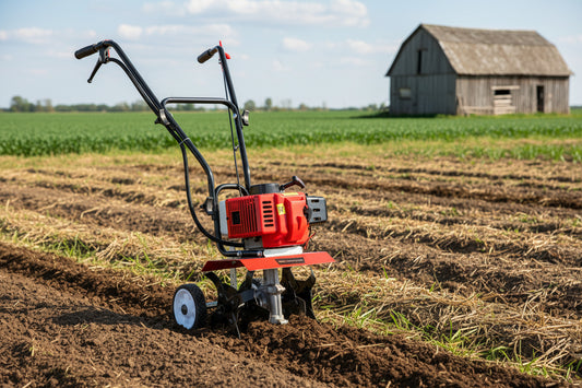 Red and black tiller on a white background