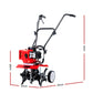 Gardening tiller with dimensions on a white background