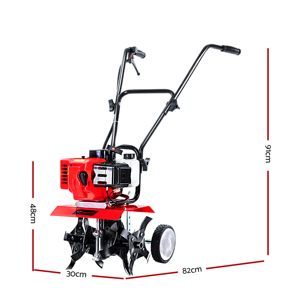 Gardening tiller with dimensions on a white background