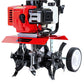 Red and black tiller with a wheel on a white background