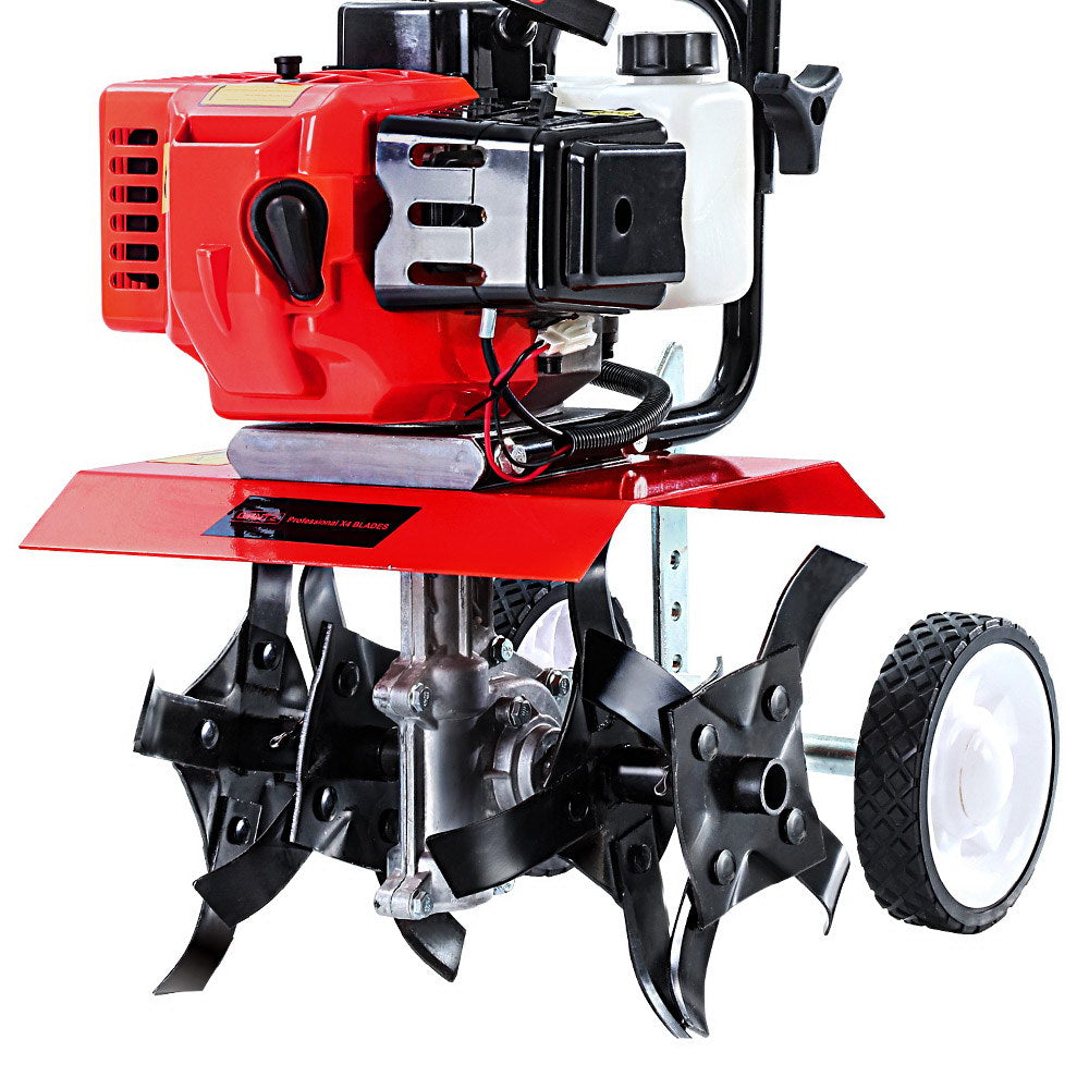 Red and black tiller with a wheel on a white background