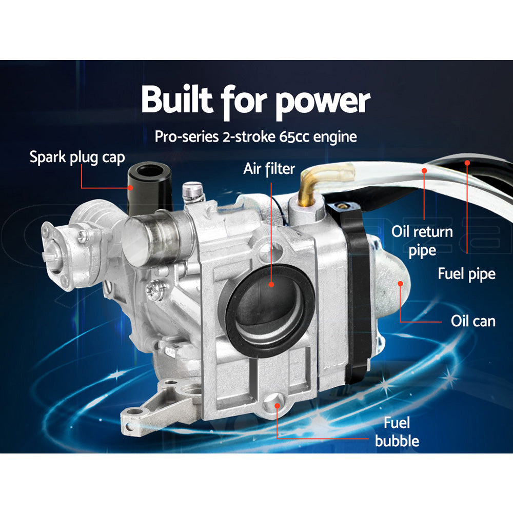 2-stroke 65cc engine with labeled parts on a dark background