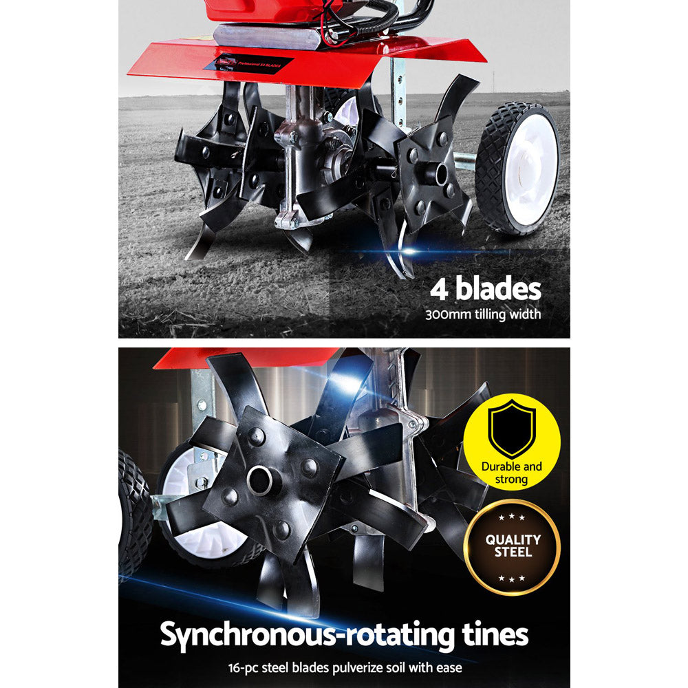 Tiller with 4 blades and synchronous-rotating tines on a gray background