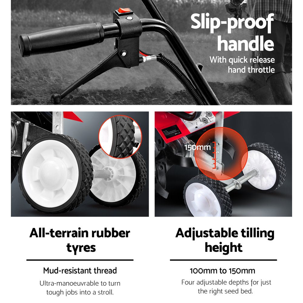 Gardening tool with slip-proof handle, quick release hand throttle, all-terrain rubber tyres, and adjustable tilling height.