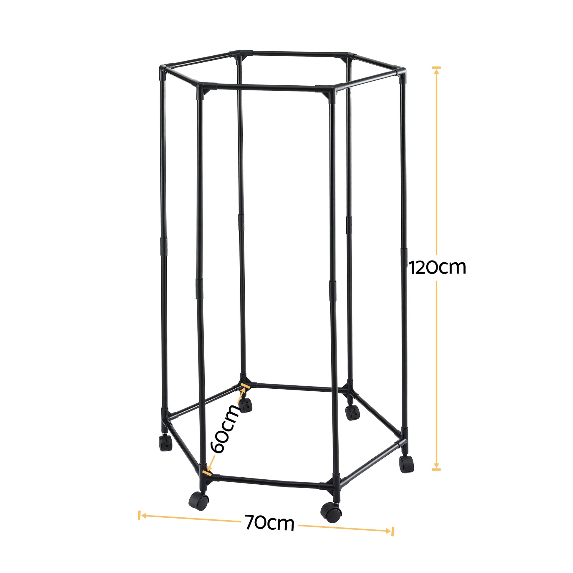 Black hexagonal metal stand with dimensions labeled on a white background