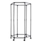 Black metal garment rack on wheels with a white background