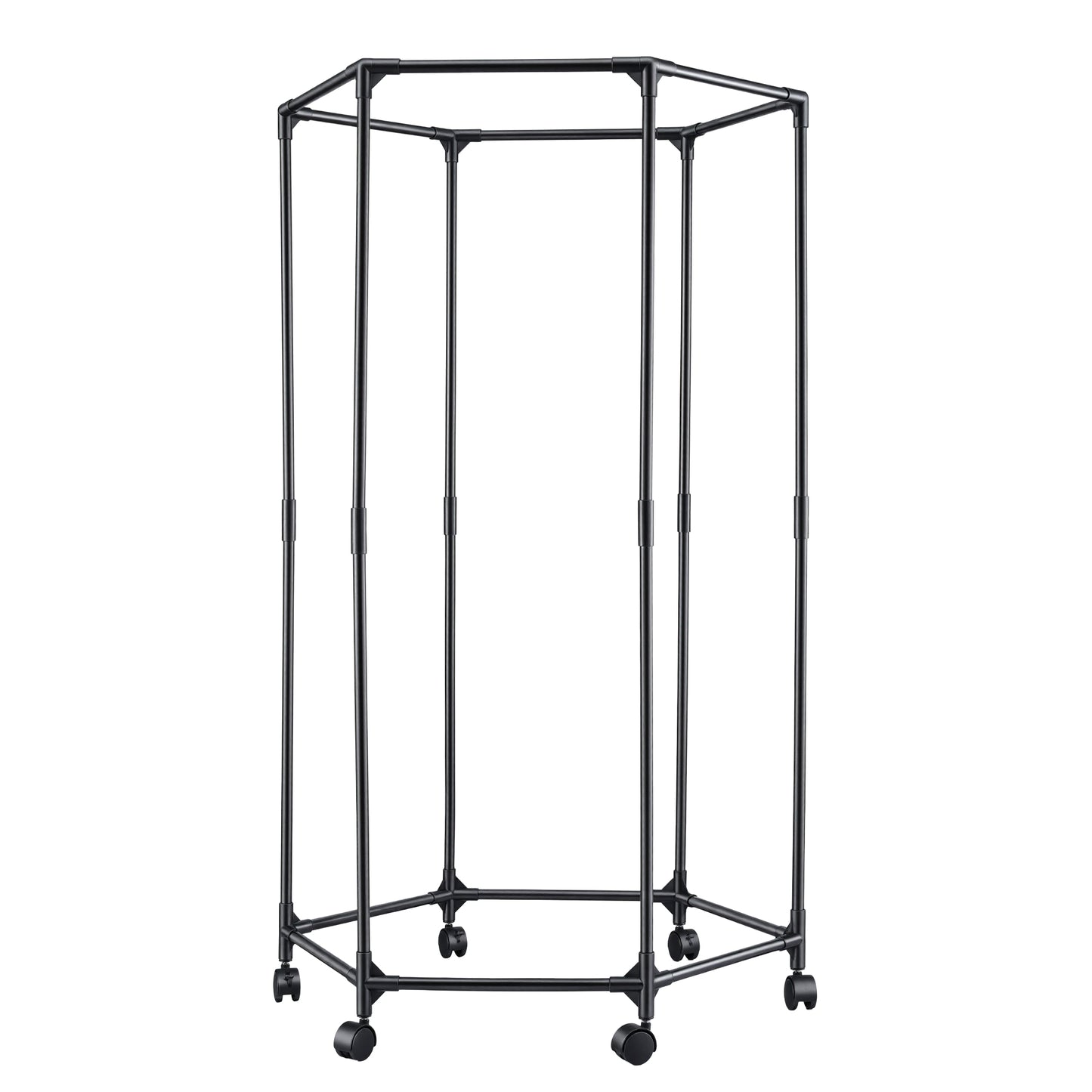 Black metal garment rack on wheels with a white background