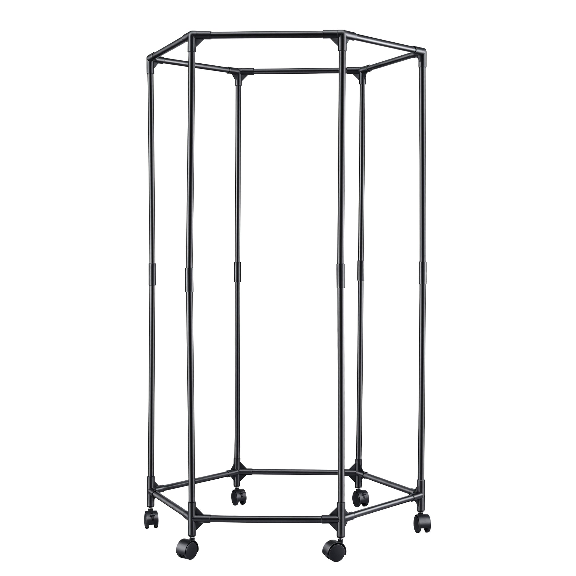Black metal garment rack on wheels with a white background