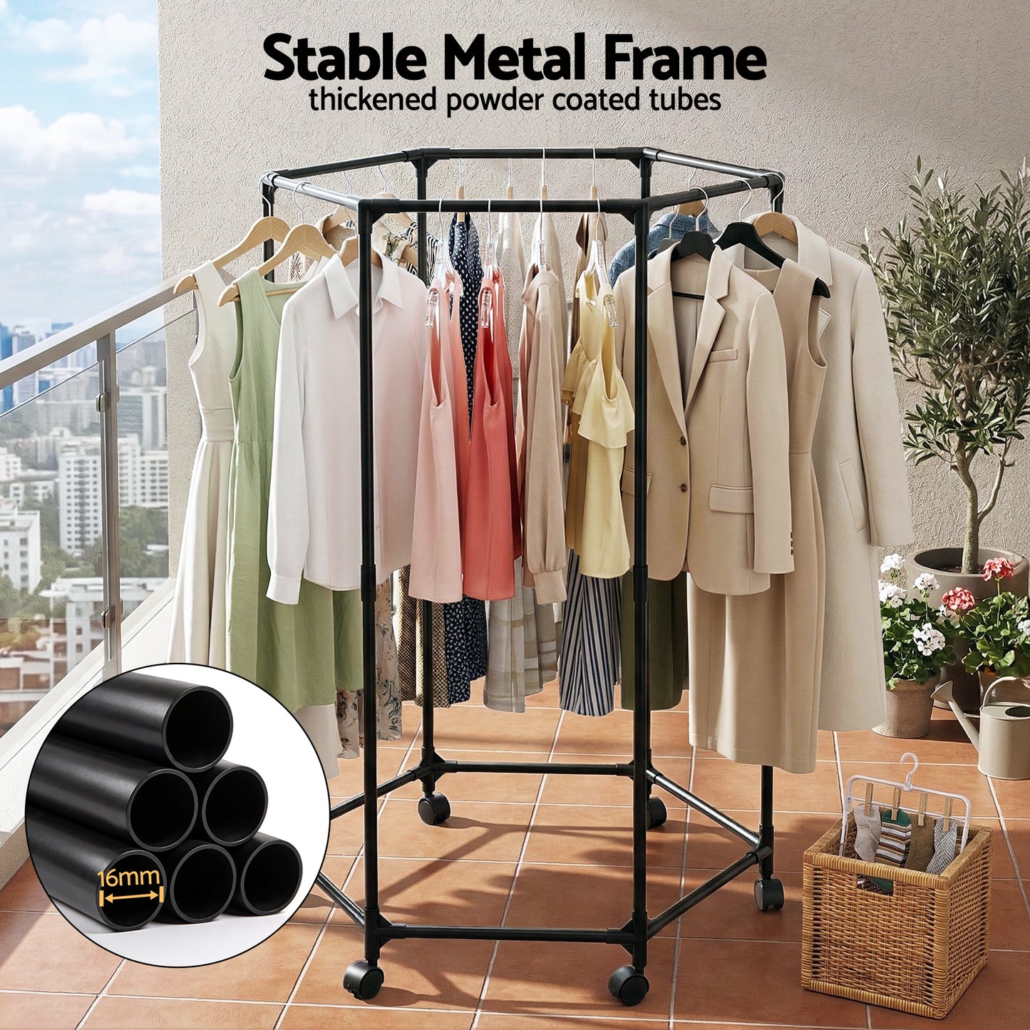 Clothing rack with clothes on a balcony, showing stable metal frame with thick powder-coated tubes.