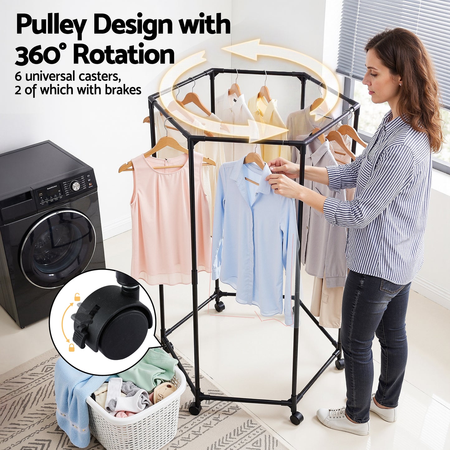 Woman using a clothing rack with pulley design and 360-degree rotation in a laundry room.