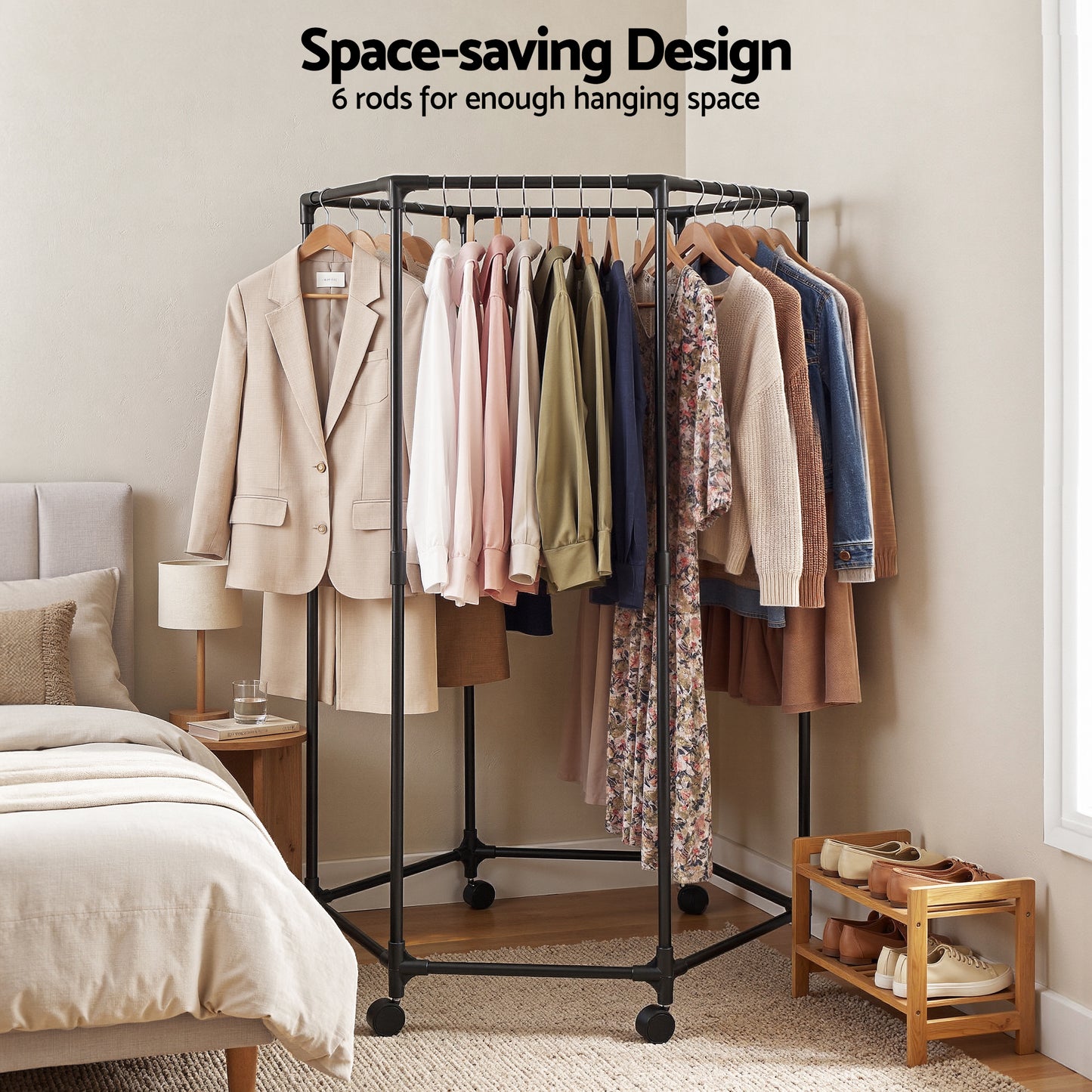 Clothing rack with clothes in a bedroom setting, emphasizing space-saving design.