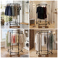 Black clothing rack with clothes in various settings labeled 'Outdoor', 'Spa', 'Laundry', and 'Hotel'.