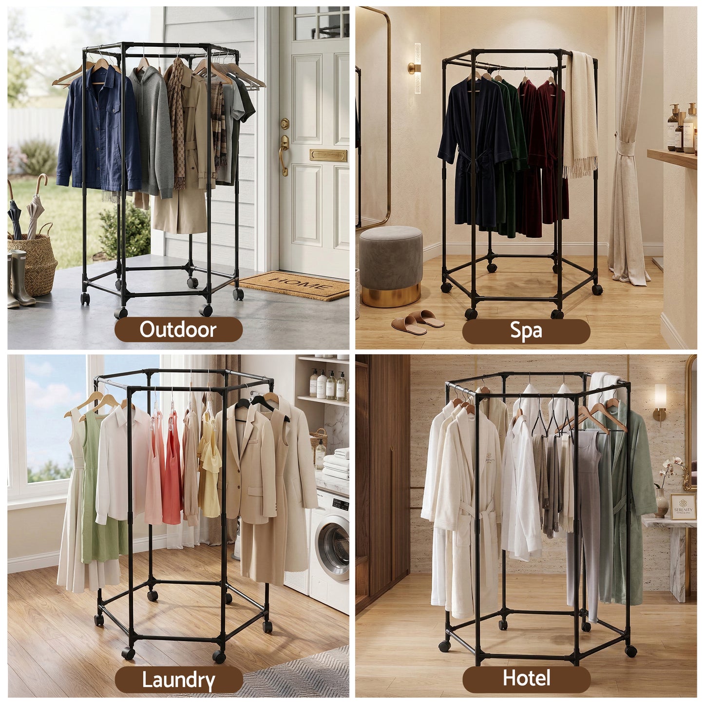 Black clothing rack with clothes in various settings labeled 'Outdoor', 'Spa', 'Laundry', and 'Hotel'.