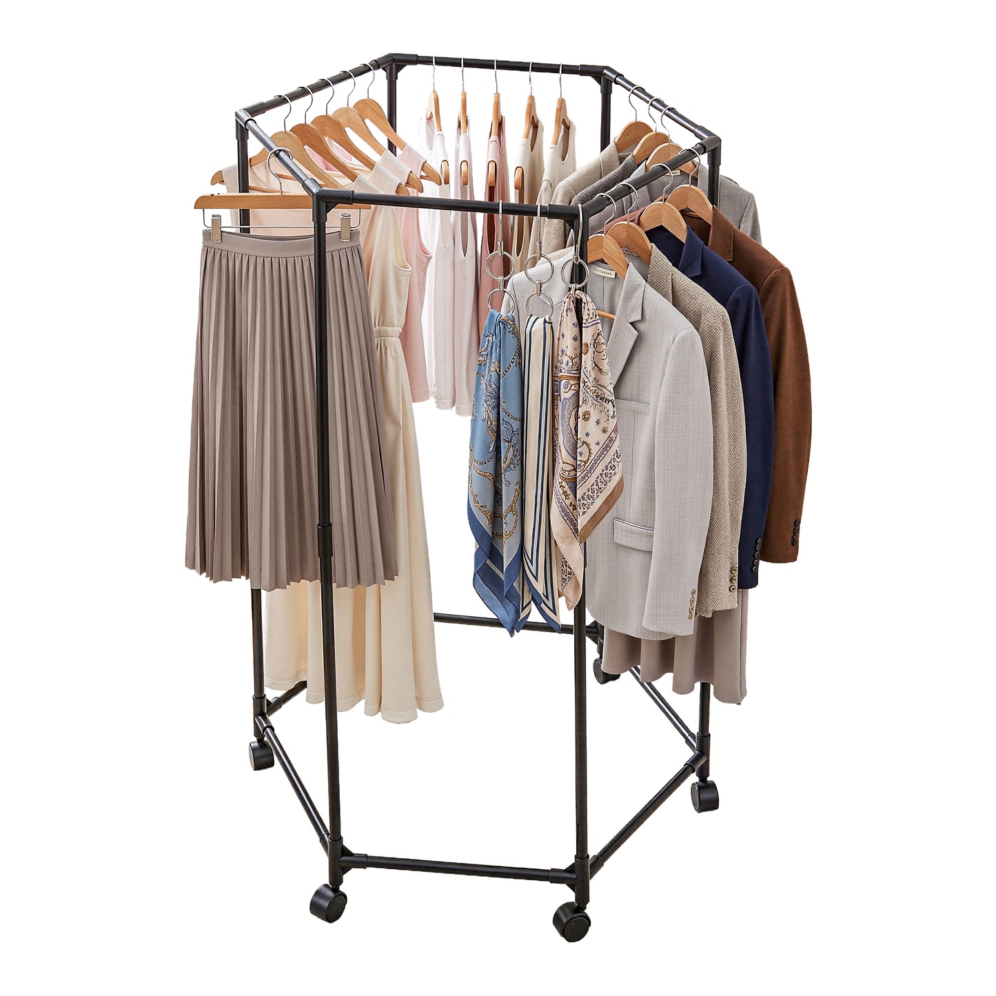 Clothing rack with various garments on a white background