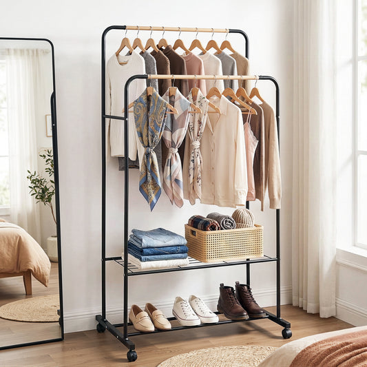 Clothing rack with clothes and shoes in a room with a bed and window.