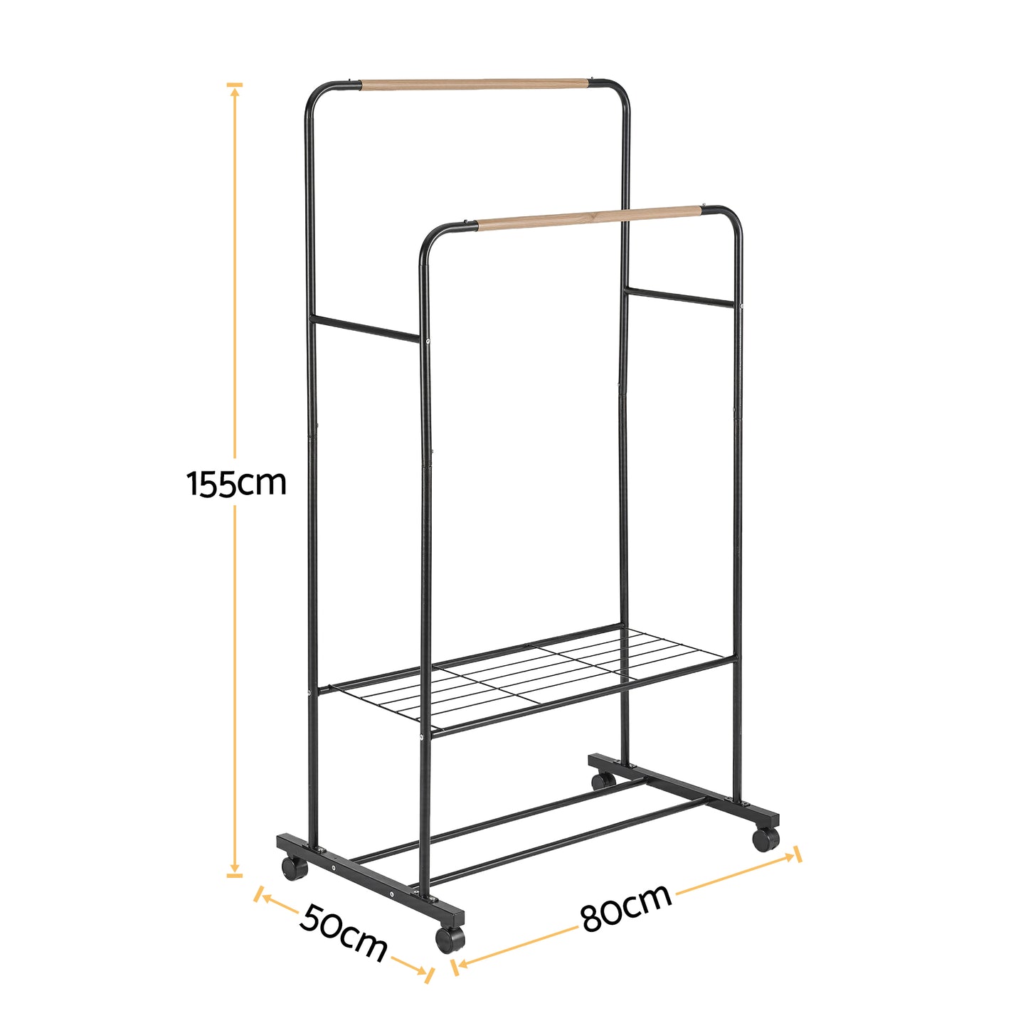 Black metal clothing rack with dimensions on a white background