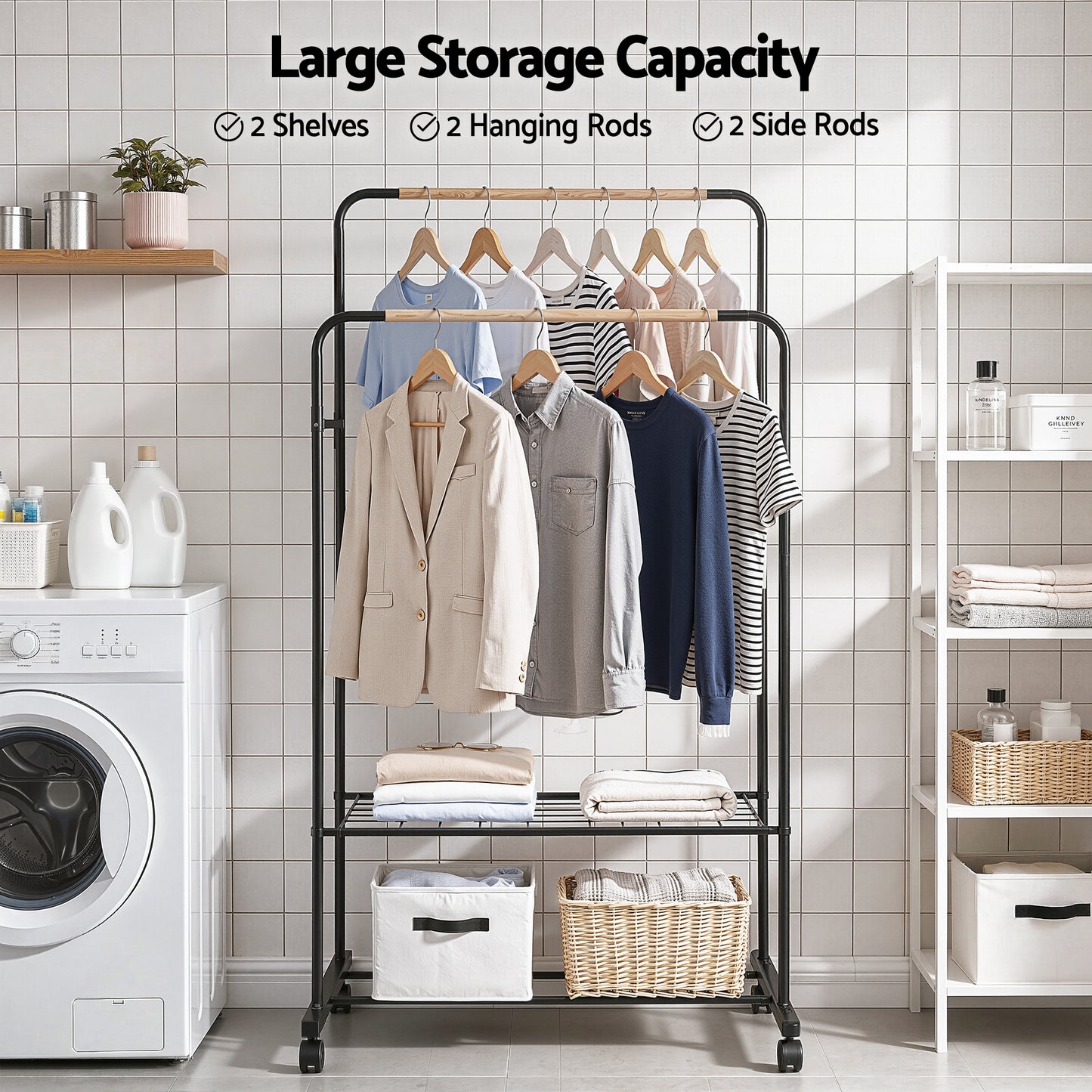 Clothing rack with shelves and hanging rods in a laundry room setting.