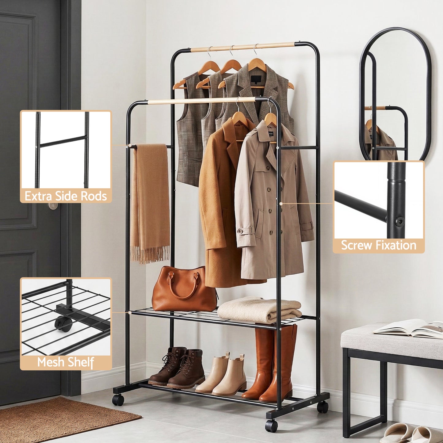 Clothing rack with clothes, shoes, and a mirror in a room setting.