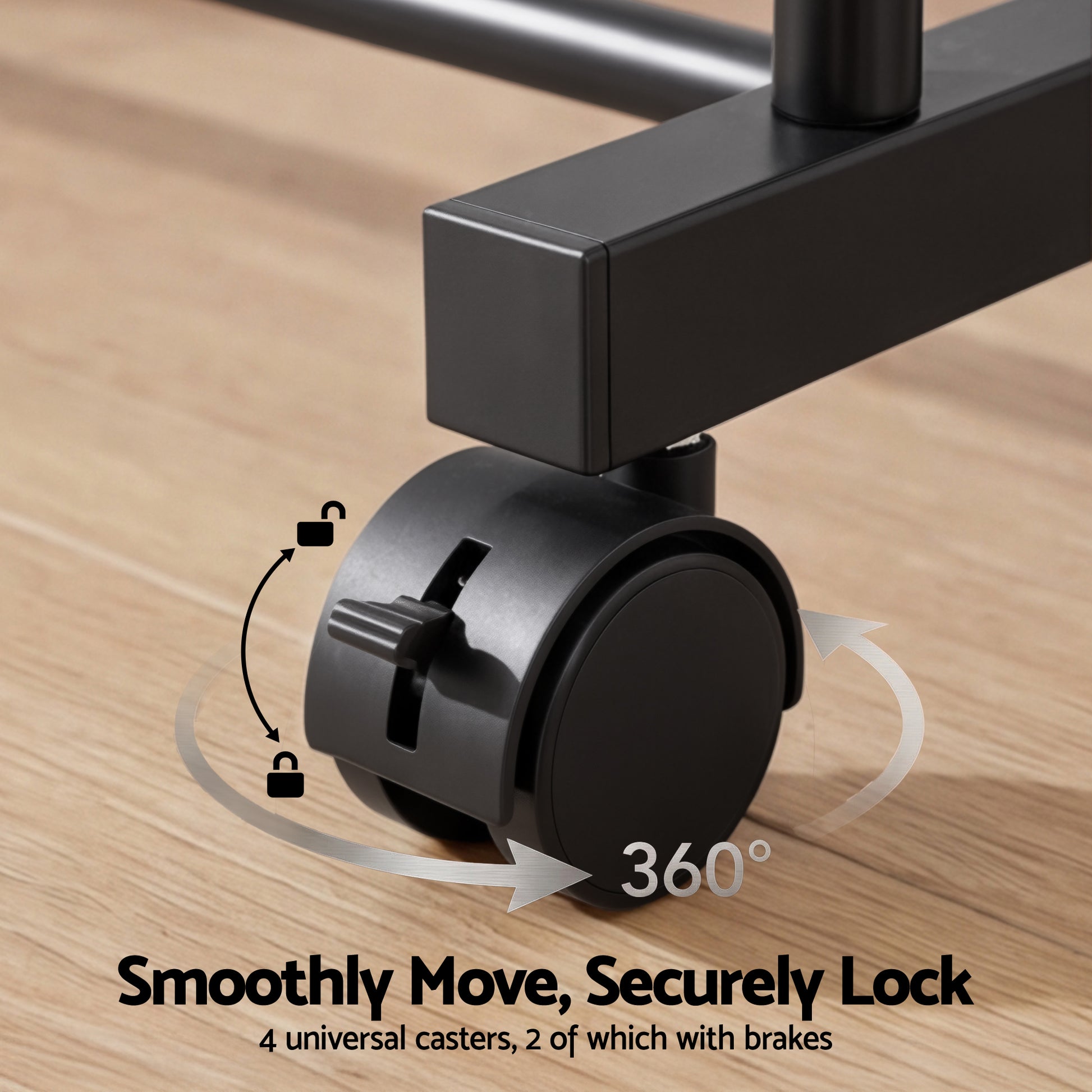 Black caster wheel on a wooden floor with text indicating 360-degree movement and braking capabilities.