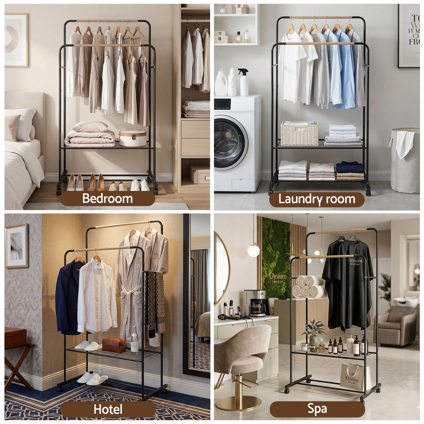 Collage of a clothing rack in different settings including bedroom, laundry room, hotel, and spa.