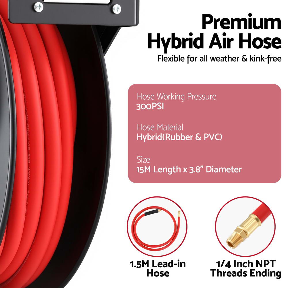 3/8 Inch x 15m Retractable Air Hose Reel – 300PSI