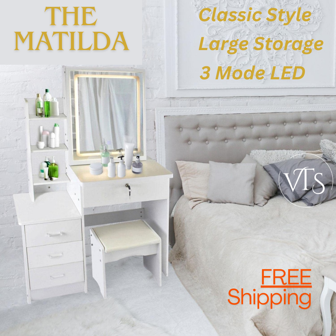 THE MATILDA - Dressing Table White Led Mirror + Stool