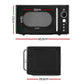 Black microwave oven with dimensions labeled on a white background