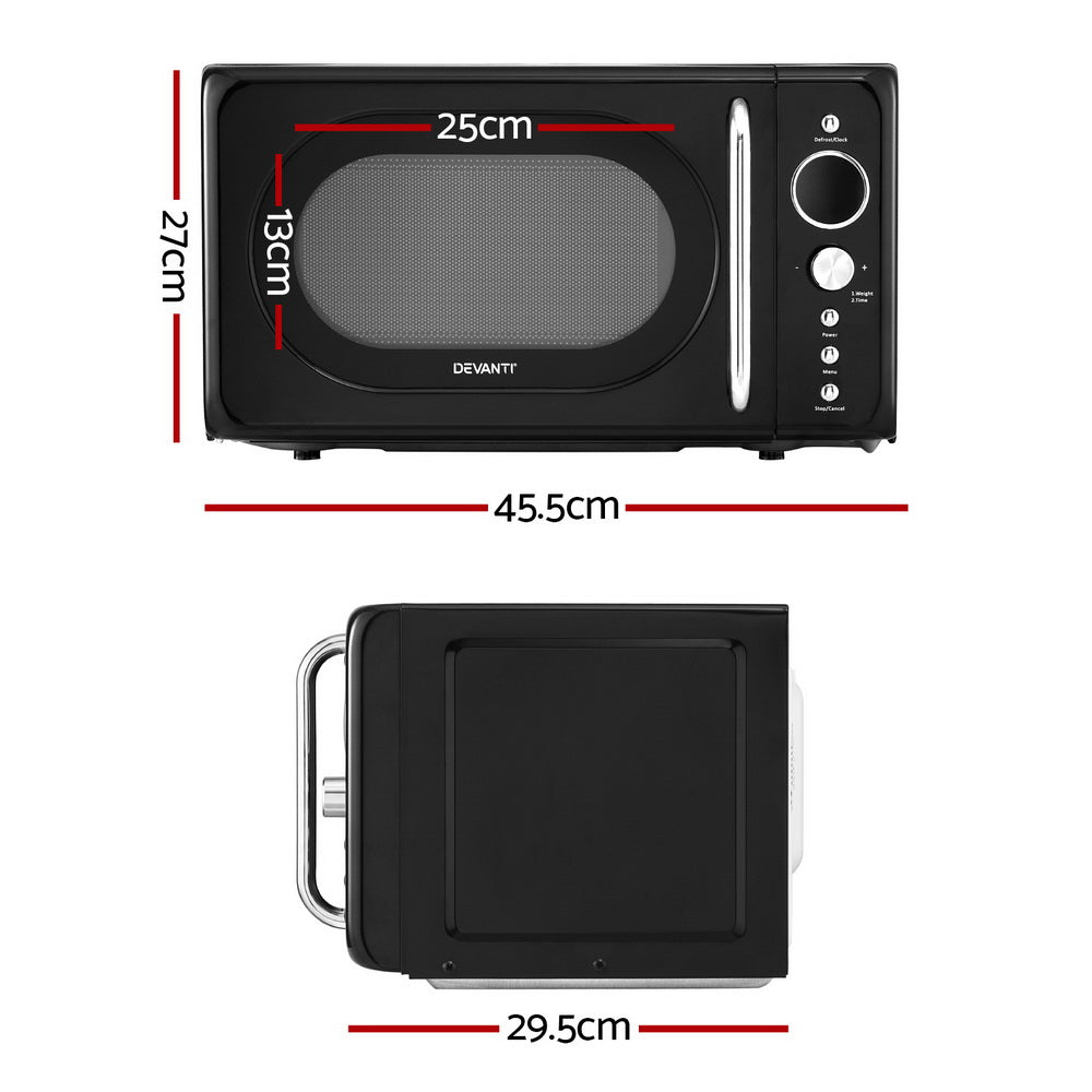 Black microwave oven with dimensions labeled on a white background