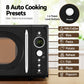 Black microwave oven with auto cooking presets on a wooden surface