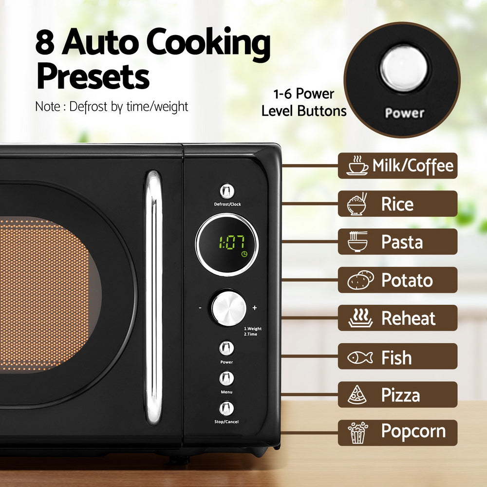 Black microwave oven with auto cooking presets on a wooden surface