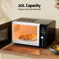 Microwave oven with a pizza inside on a wooden countertop, labeled '20L Capacity'.