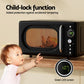 Child-lock function on a microwave with a baby trying to open it, emphasizing safety.