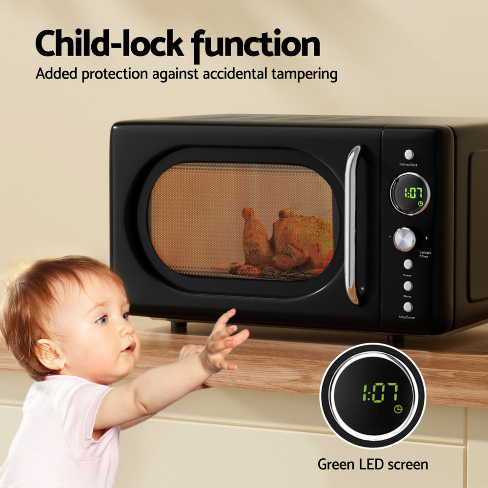 Child-lock function on a microwave with a baby trying to open it, emphasizing safety.