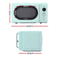Mint green microwave with dimensions labeled on a white background