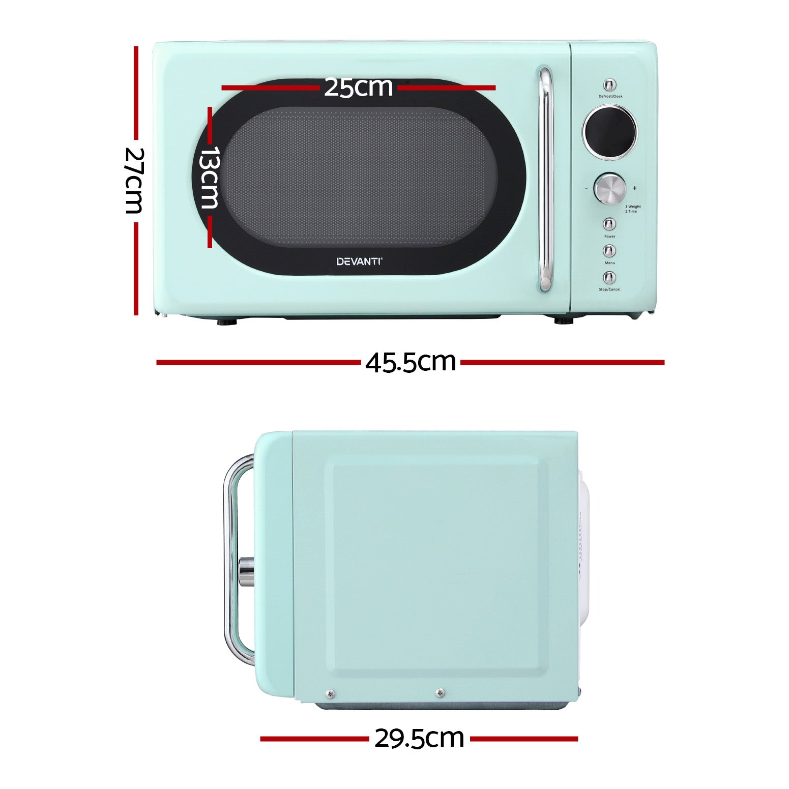 Mint green microwave with dimensions labeled on a white background