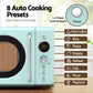 Teal microwave oven with auto cooking presets on a wooden surface