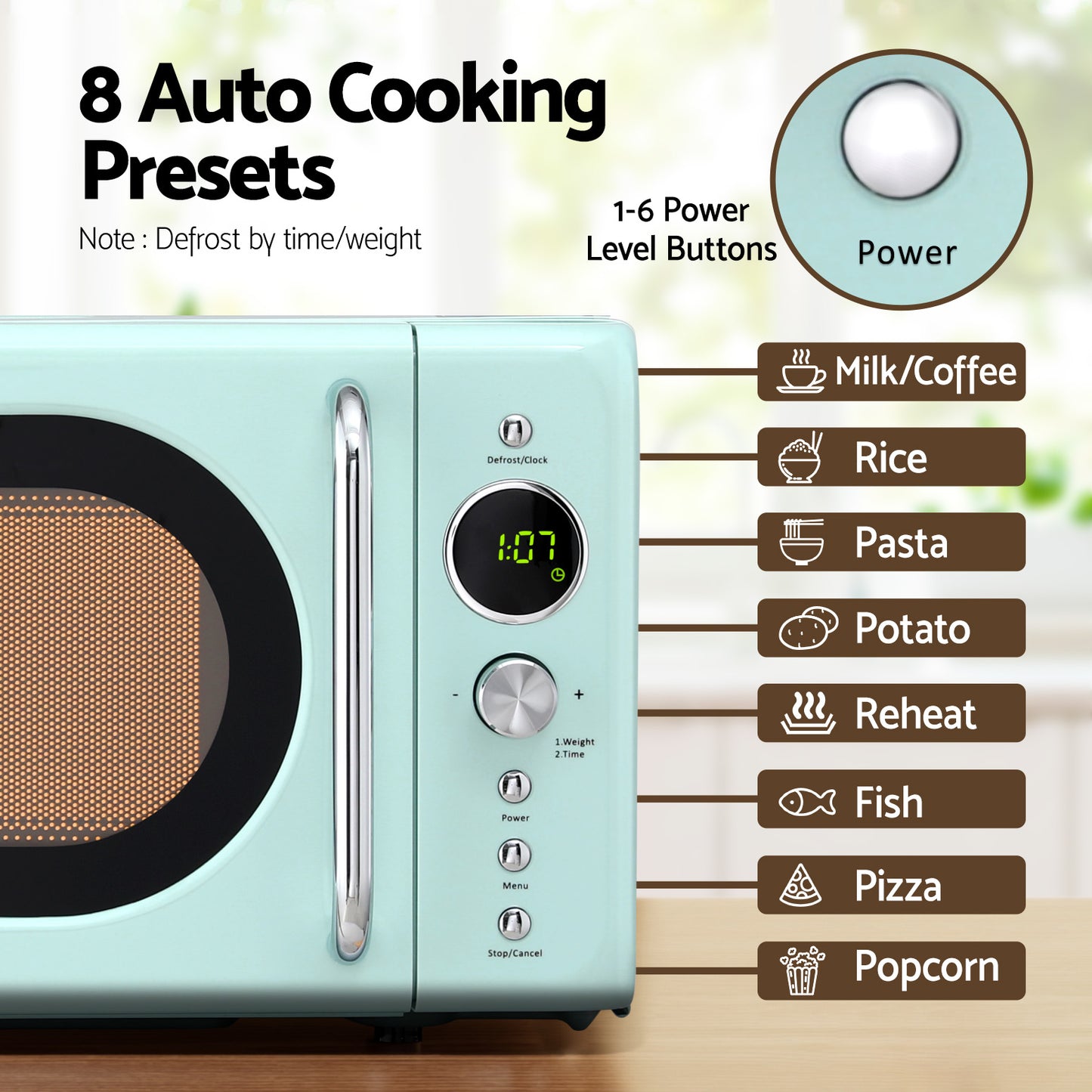 Teal microwave oven with auto cooking presets on a wooden surface