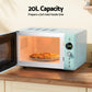 Microwave oven with a pizza inside on a wooden countertop, labeled '20L Capacity'.