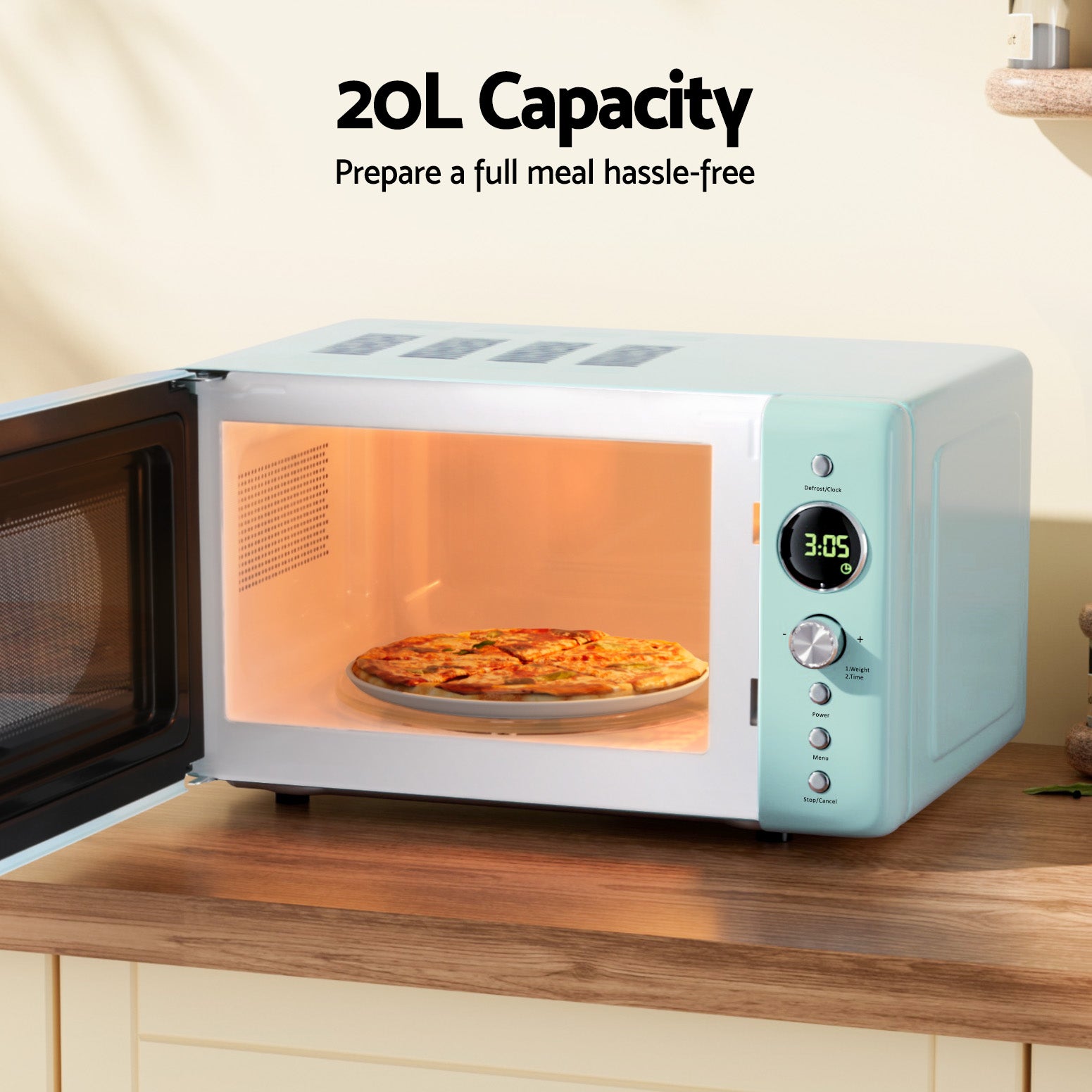 Microwave oven with a pizza inside on a wooden countertop, labeled '20L Capacity'.