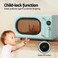 Teal microwave with child-lock function and green LED screen, child reaching towards it.