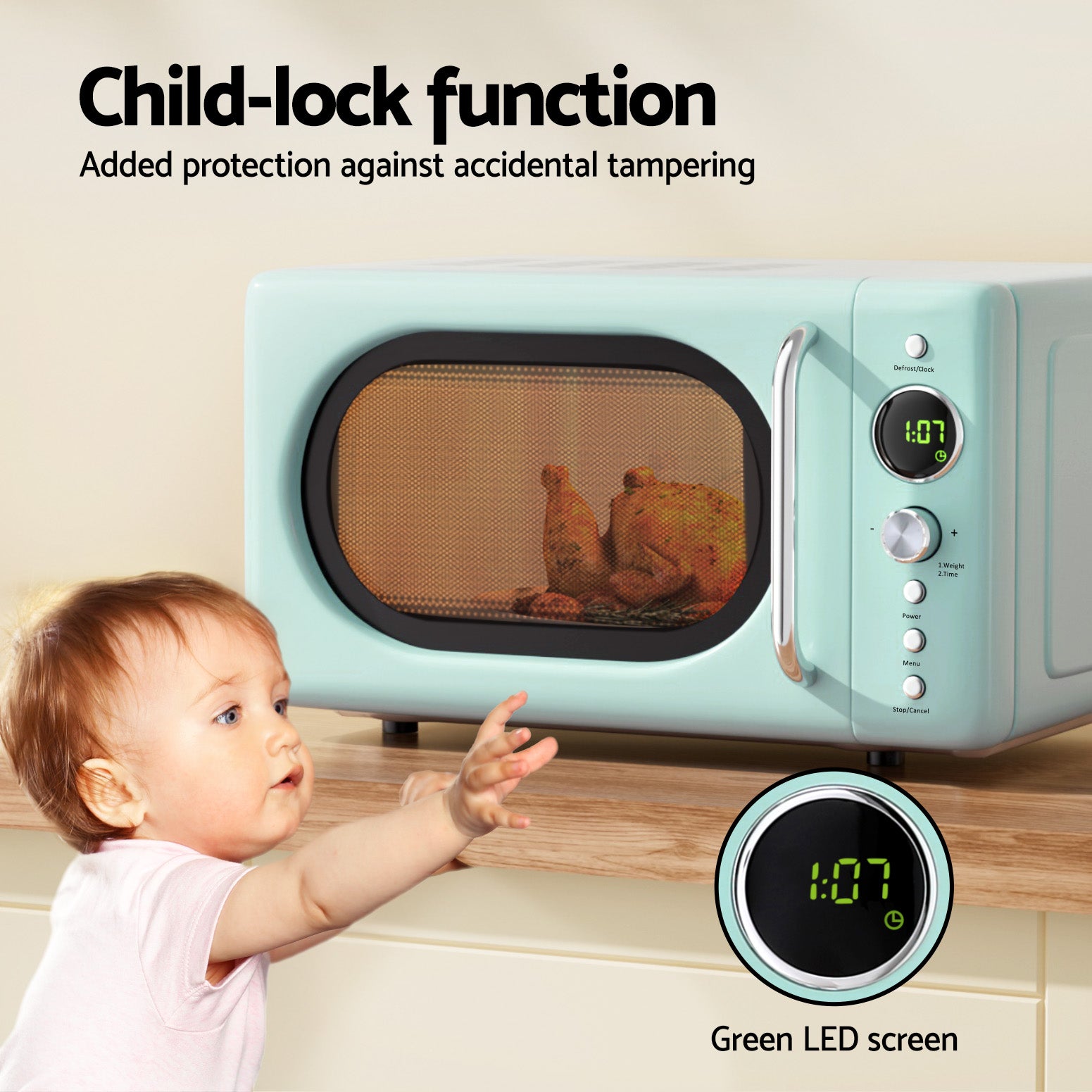 Teal microwave with child-lock function and green LED screen, child reaching towards it.