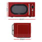 Red microwave oven with dimensions indicated on a white background