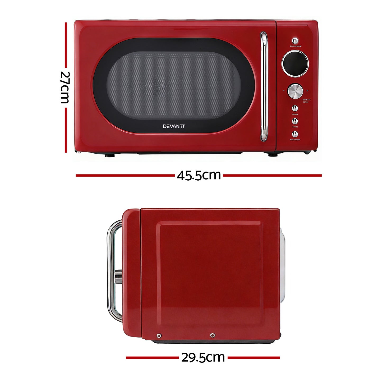 Red microwave oven with dimensions indicated on a white background