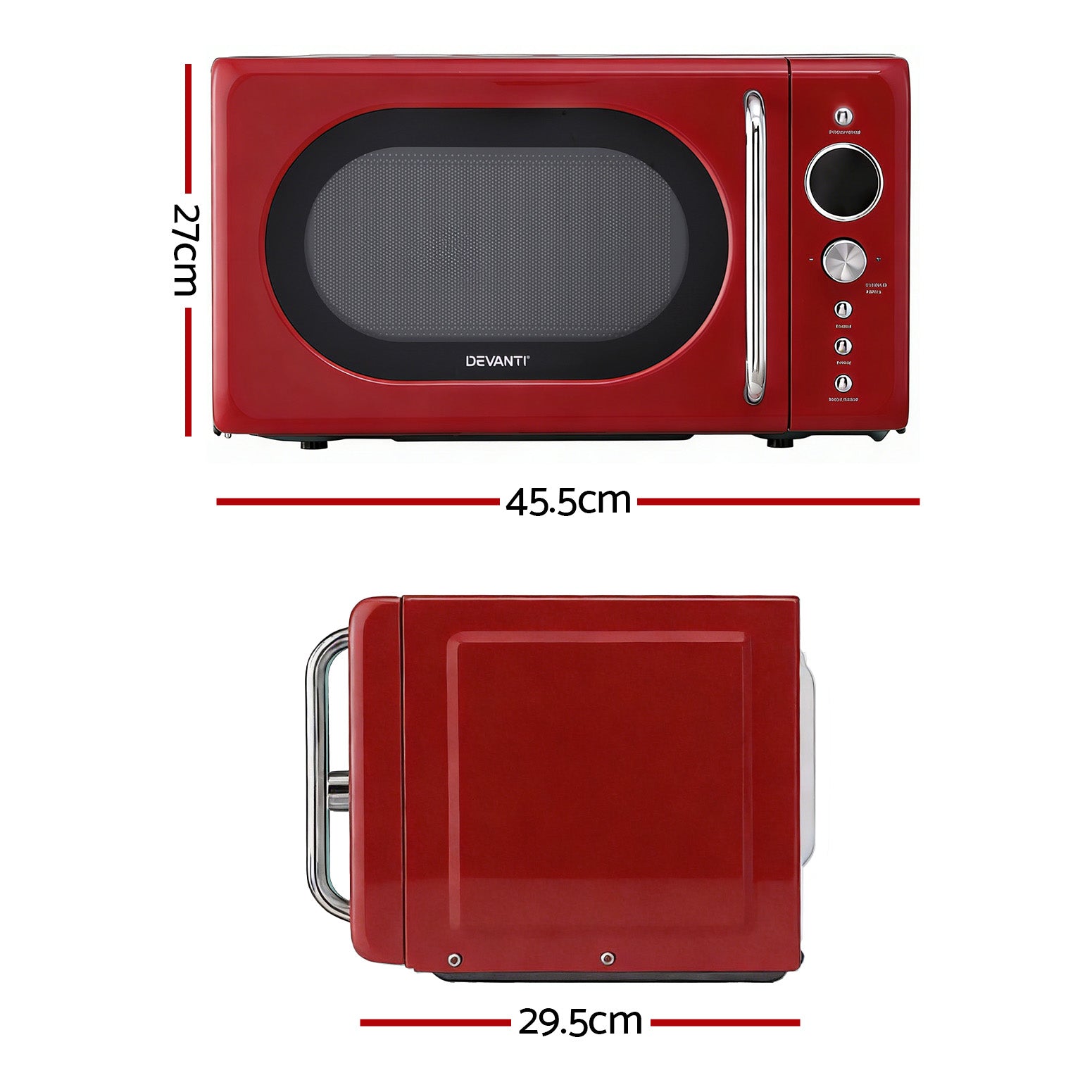 Red microwave oven with dimensions indicated on a white background