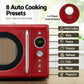 Red microwave oven with auto cooking presets on a blurred kitchen background