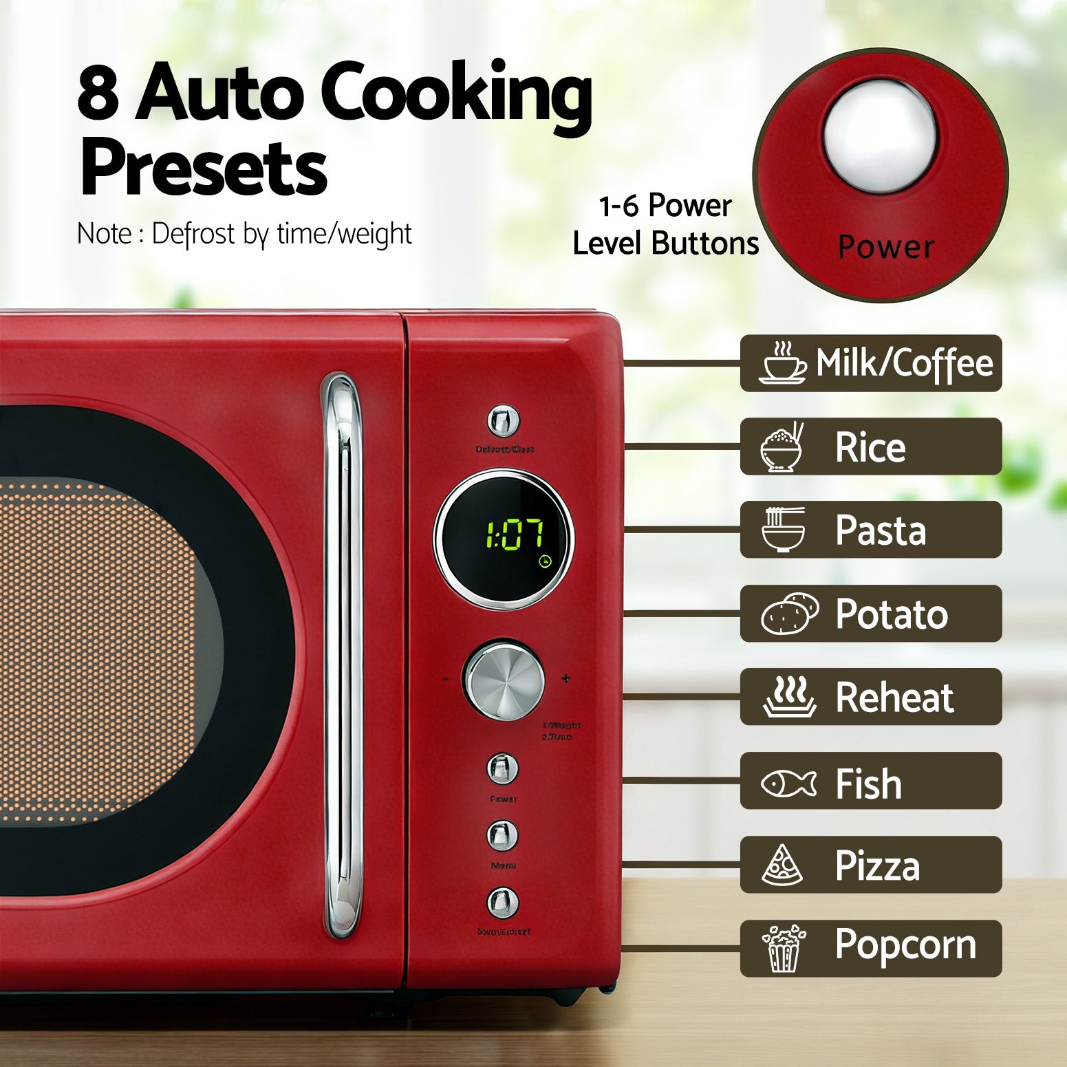 Red microwave oven with auto cooking presets on a blurred kitchen background