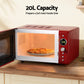 Red microwave oven with a pizza inside on a wooden countertop, labeled '20L Capacity'.